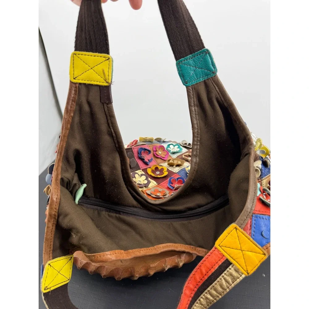 Unbranded Patchwork Floral Leather Hobo Bag Womens Medium Multi Color 3D Flower